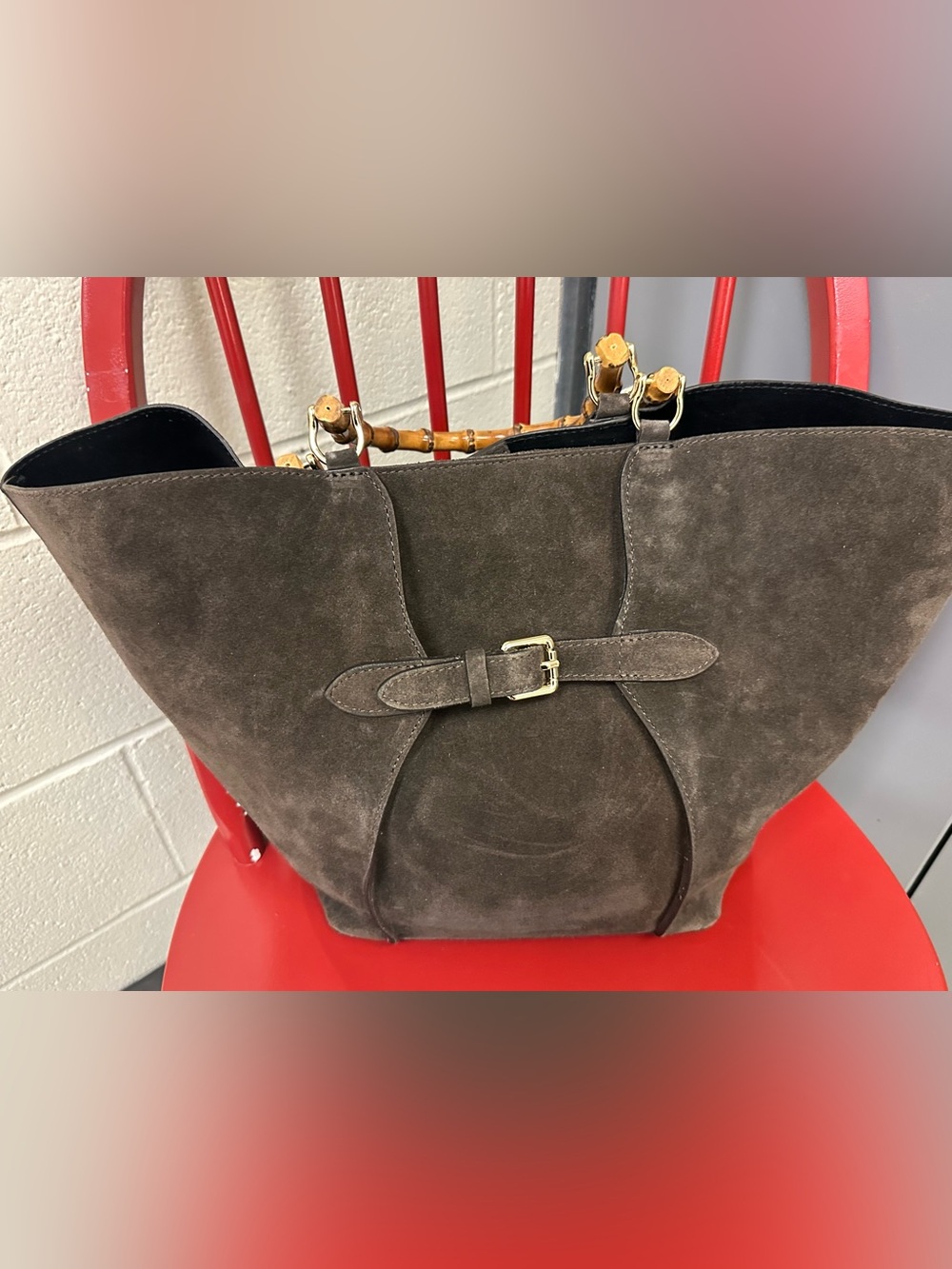 Viola Castellani Suede Tote Bag with Bamboo Handles - Brown